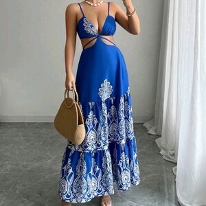 Women's Floral Print Waist Cutout A-Line Midi Dress, Elegant For Daily Commuting